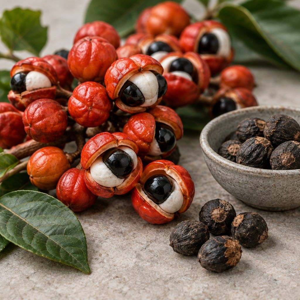 Illustration: Guarana-Früchte und getrocknete Samen