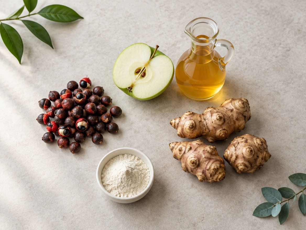 Illustration: Guarana-Samen, Apfel und Apfelessig, Topinambur-Knollen