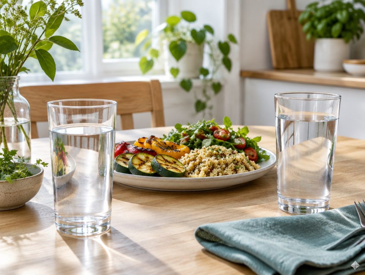 Illustration: zwei Gläser Wasser neben einem Mittagessen