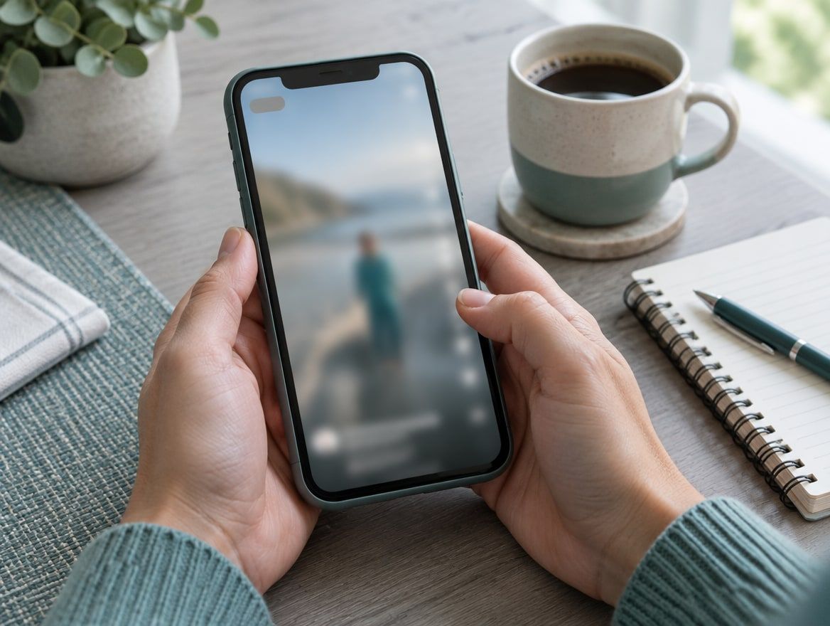 Illustration: Hände halten ein Smartphone mit einer unscharfen Anzeige